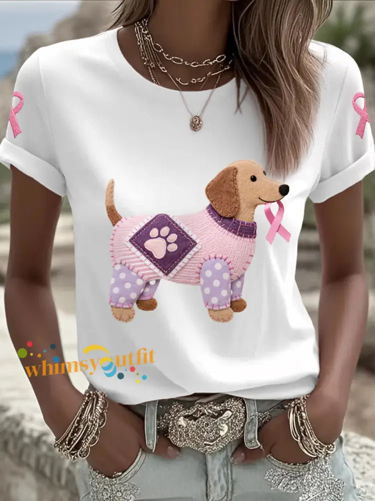 Women’s Pink Dog Pink Ribbon Breast Cancer Awareness Support Tee White / S