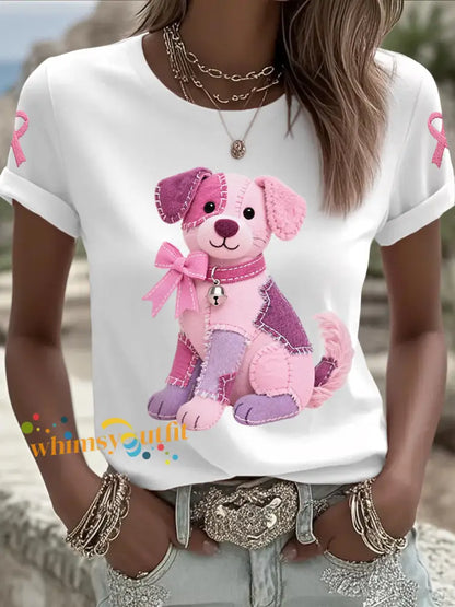 Women’s Pink Dog Pink Ribbon Breast Cancer Awareness Support Tee White / S