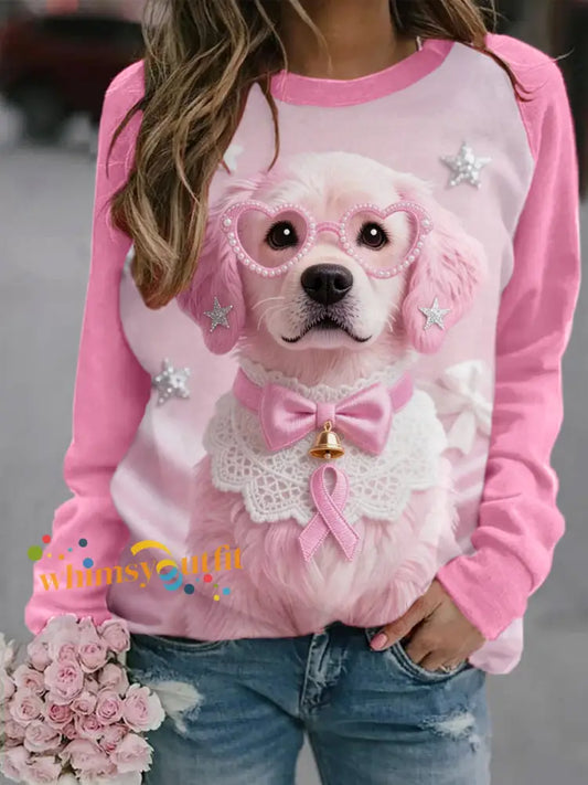 Women’s Pink Dog Pink Ribbon Breast Cancer Awareness Sweatshirt Dark Pink / S