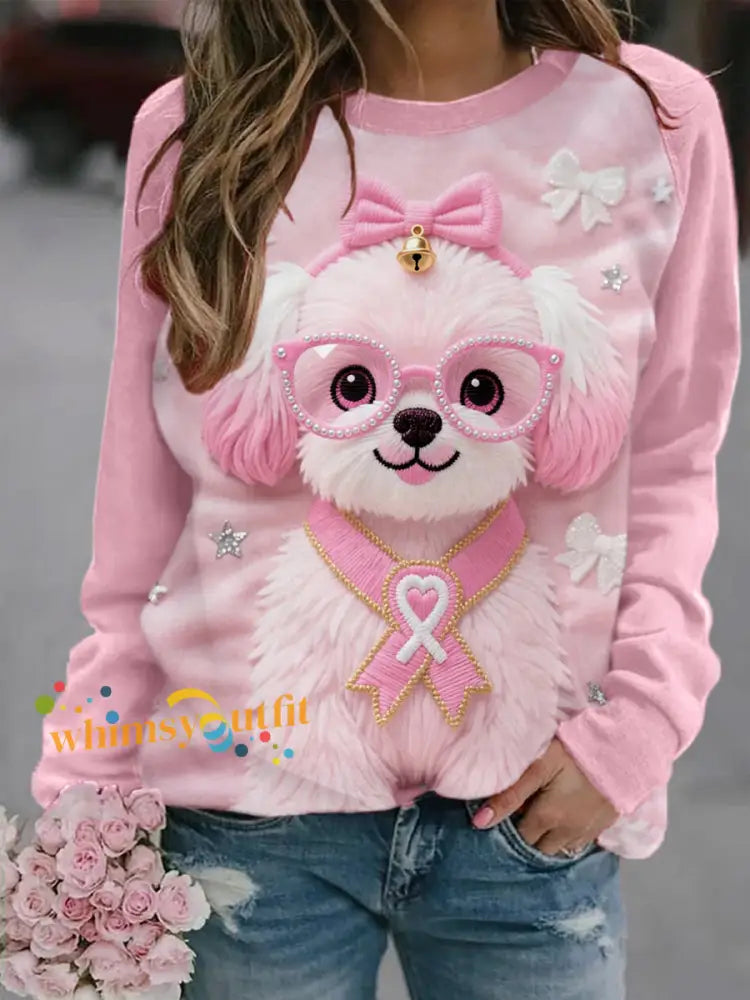 Women’s Pink Dog Pink Ribbon Breast Cancer Awareness Sweatshirt Pink / S