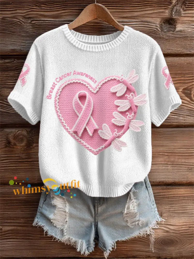Women’s Pink Dradonflies Pink Ribbon Breast Cancer Awareness Support Tee White / S