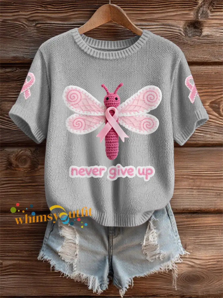 Women’s Pink Dragonfly Pink Ribbon Breast Cancer Awareness Support Tee Gray / S