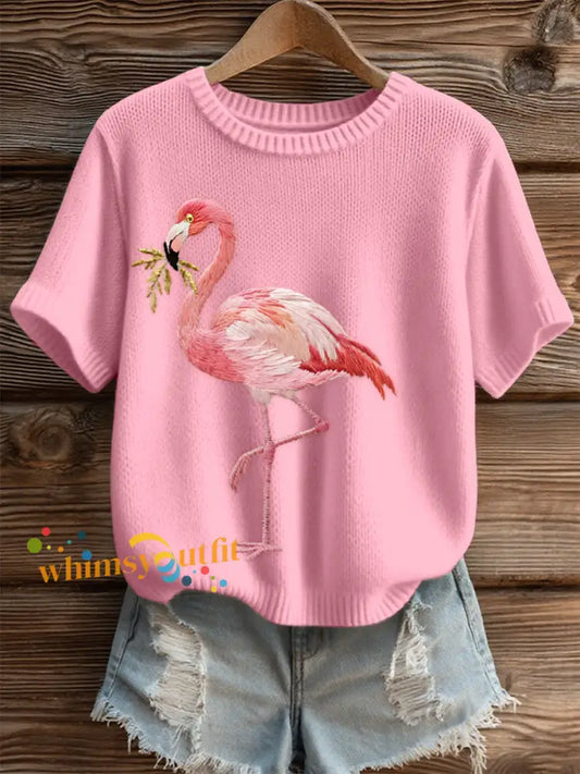 Women’s Pink Flamingo Embroidered Cozy Knit Top Pink / S