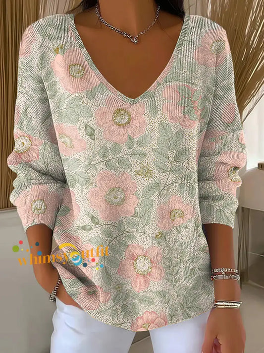 Women’s Pink Floral Art Print V-Neck Ribbed Top As picture / S