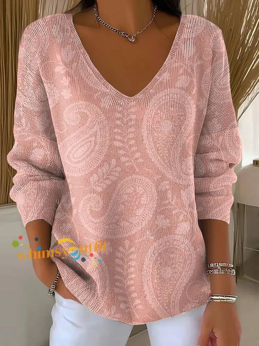 Women’s Pink Floral Art Print V-Neck Ribbed Top As picture / S