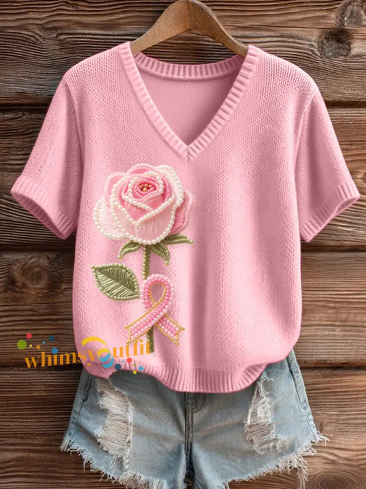 Women’s Pink Floral Beaded Art V Neck Knit Top Pink / S