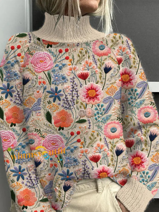 Women’s Pink Floral Knit Turtleneck Pullover Sweater As picture / S