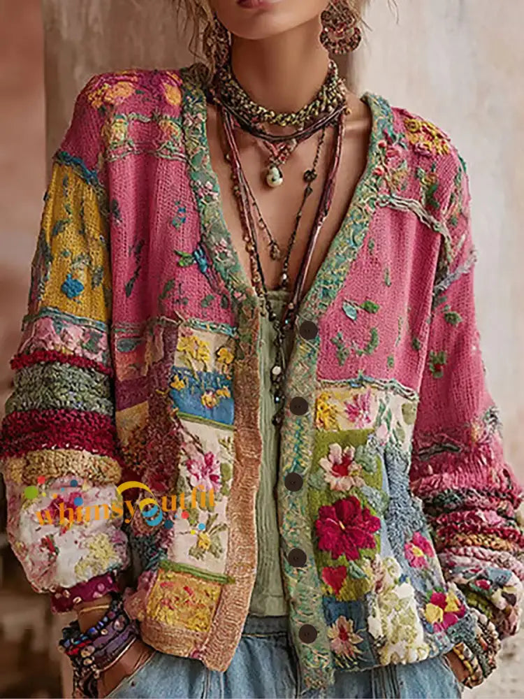 Women’s Pink Floral Print Casual Cardigan As picture / S