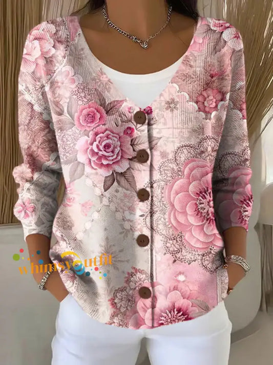 Women’s Pink Floral Print Casual Cardigan Pink / S
