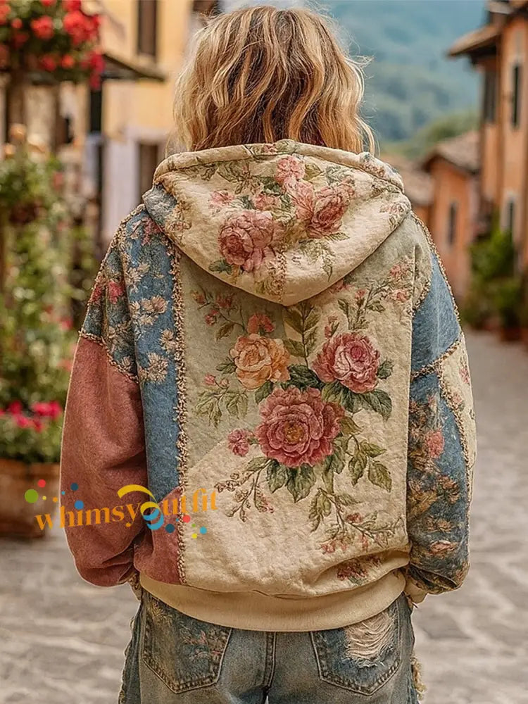 Women’s Pink Floral Print Casual Hoodie