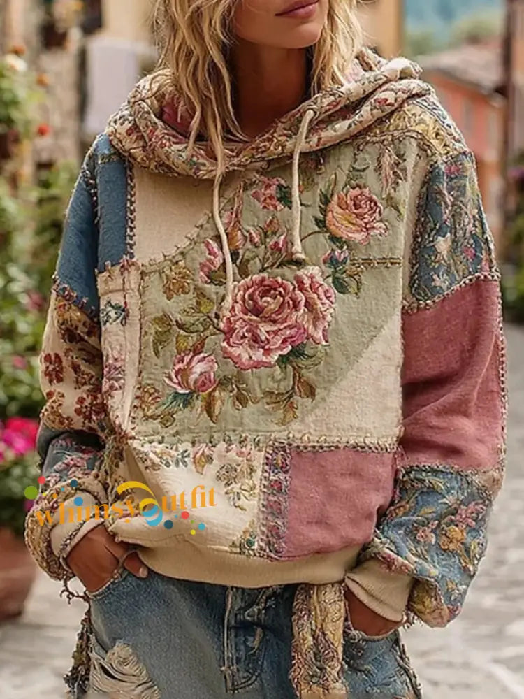 Women’s Pink Floral Print Casual Hoodie As picture / S