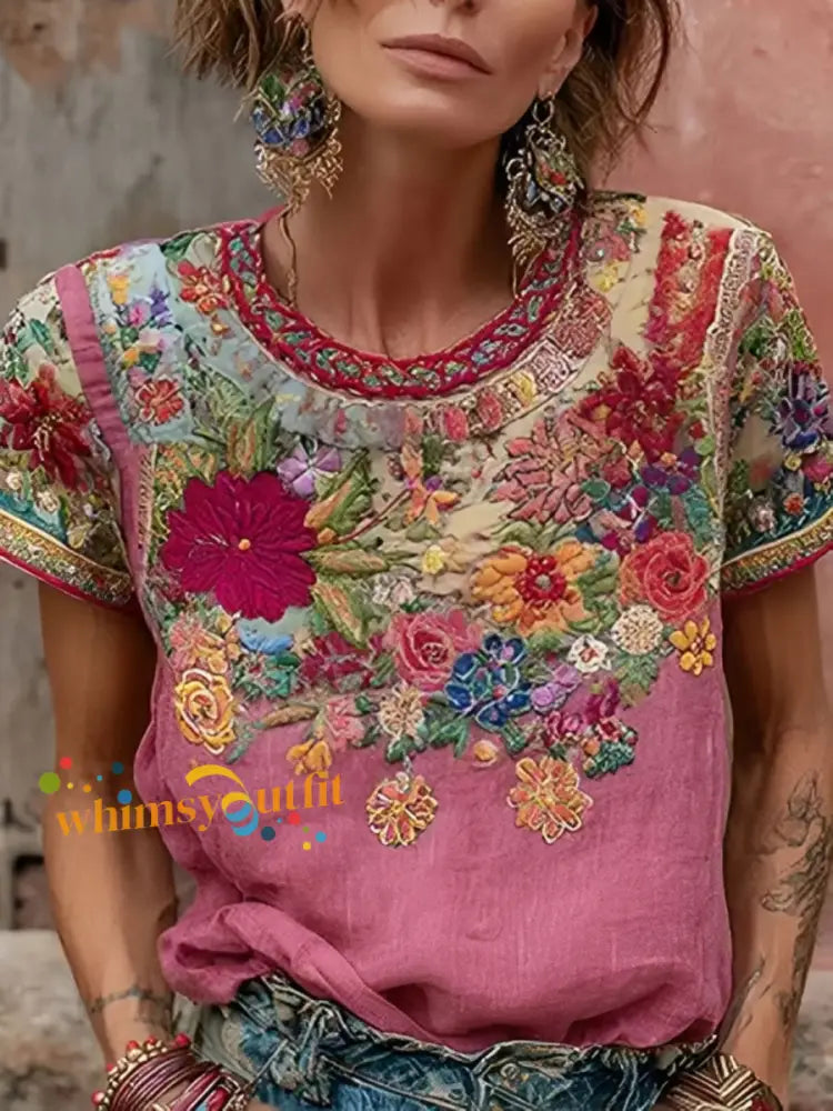 Women’s Pink Floral Print Casual T-shirt As picture / S