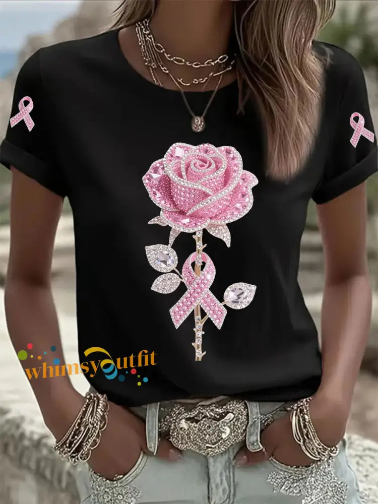 Women’s Pink Floral Print Casual T shirt Black / S