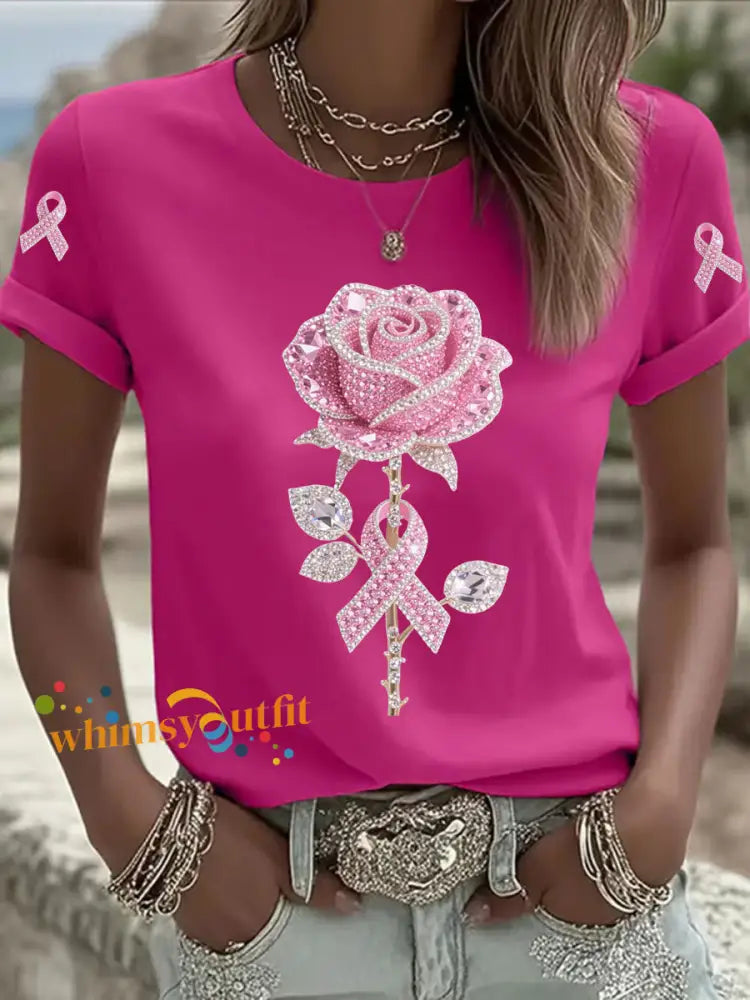 Women’s Pink Floral Print Casual T shirt Rose Red / S