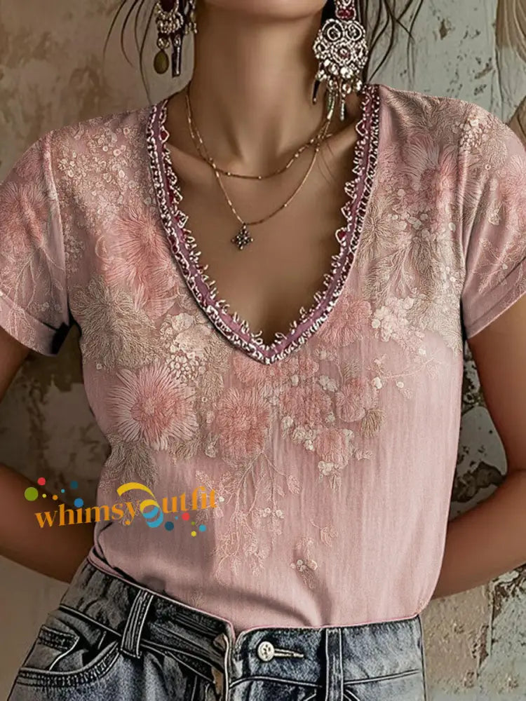 Women’s Pink Floral Print Casual T Shirt Pink / S