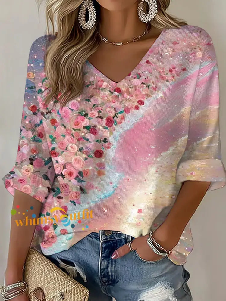 Women’s Pink Floral Print Casual T shirt Pink / S
