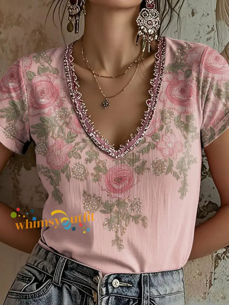 Women’s Pink Floral Print Casual T Shirt Pink / S