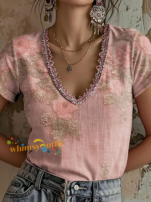 Women’s Pink Floral Print Casual T Shirt Pink / S