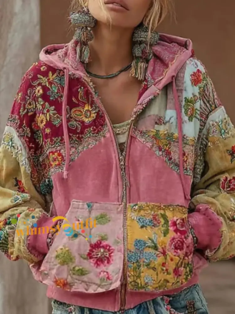 Women’s Pink Floral Print Casual Zip-Up Top Pink / S