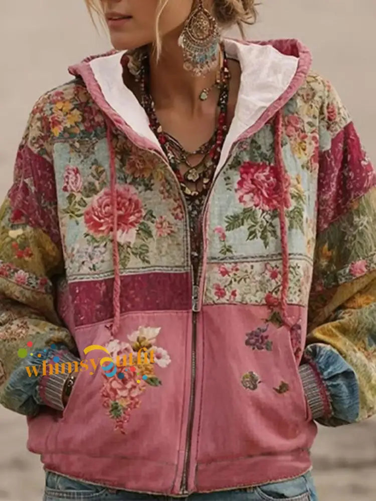 Women’s Pink Floral Print Casual Zip-Up Top Pink / S