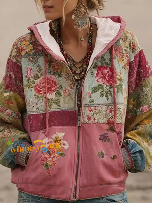 Women’s Pink Floral Print Casual Zip-Up Top Pink / S