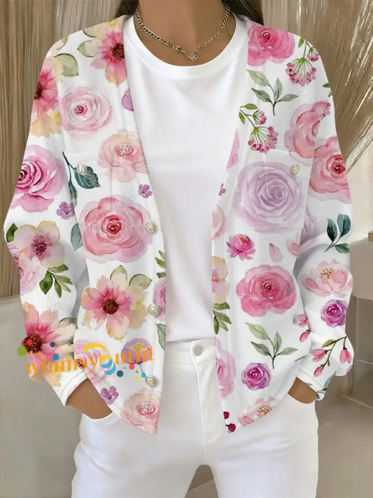 Women’s Pink Floral Print Pocket Cardigan As picture / S