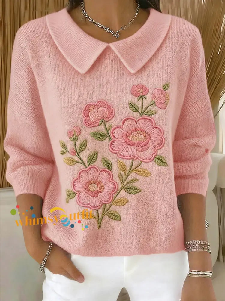 Women’s Pink Floral Printed Baby Doll Collar Top Pink / S