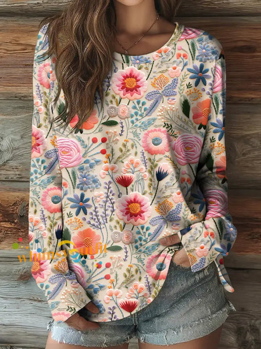 Women’s Pink Floral round neck long sleeve T shirt As picture / S