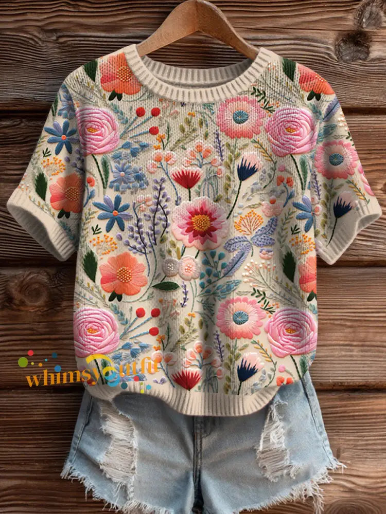 Women’s Pink Floral short sleeved Sweater As picture / S