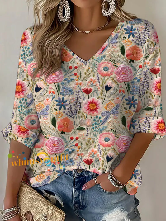 Women’s Pink Flowers Waffle T shirt As picture / S