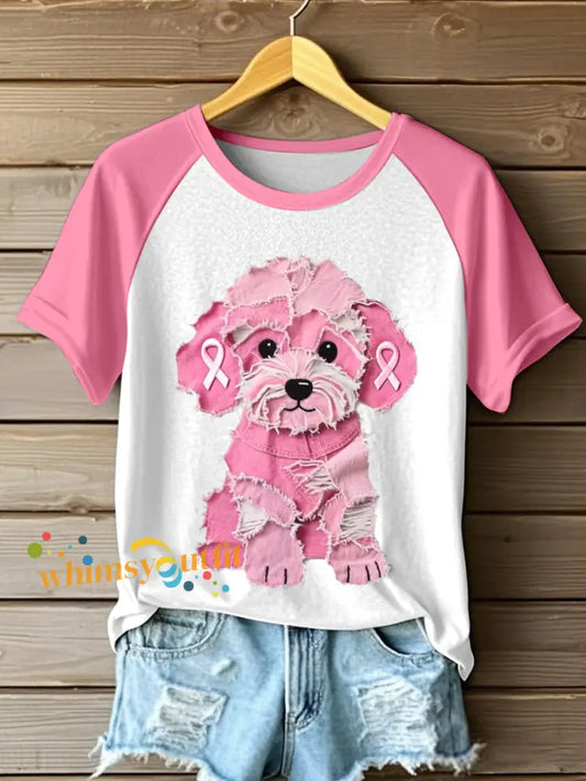 Women’s Pink Furry Dog Patchwork Art T Shirt Pink / S