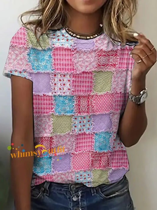 Women’s Pink Patchwork Print Casual T shirt As picture / S
