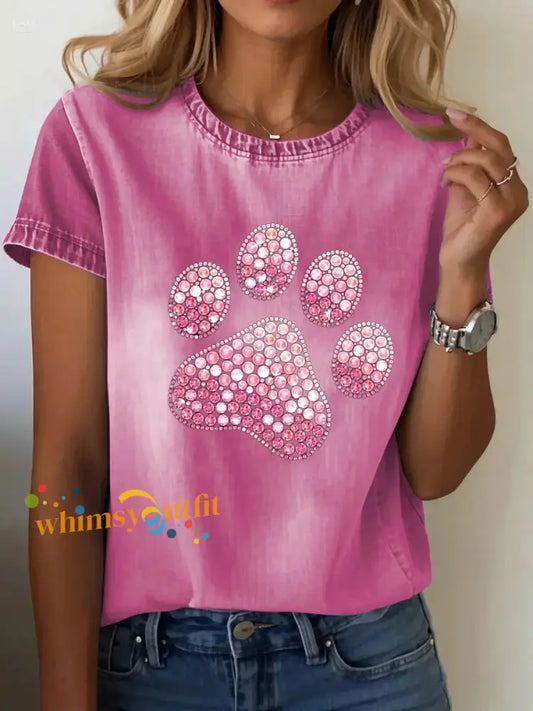 Women’s Pink Paw Print Casual T Shirt Pink / S