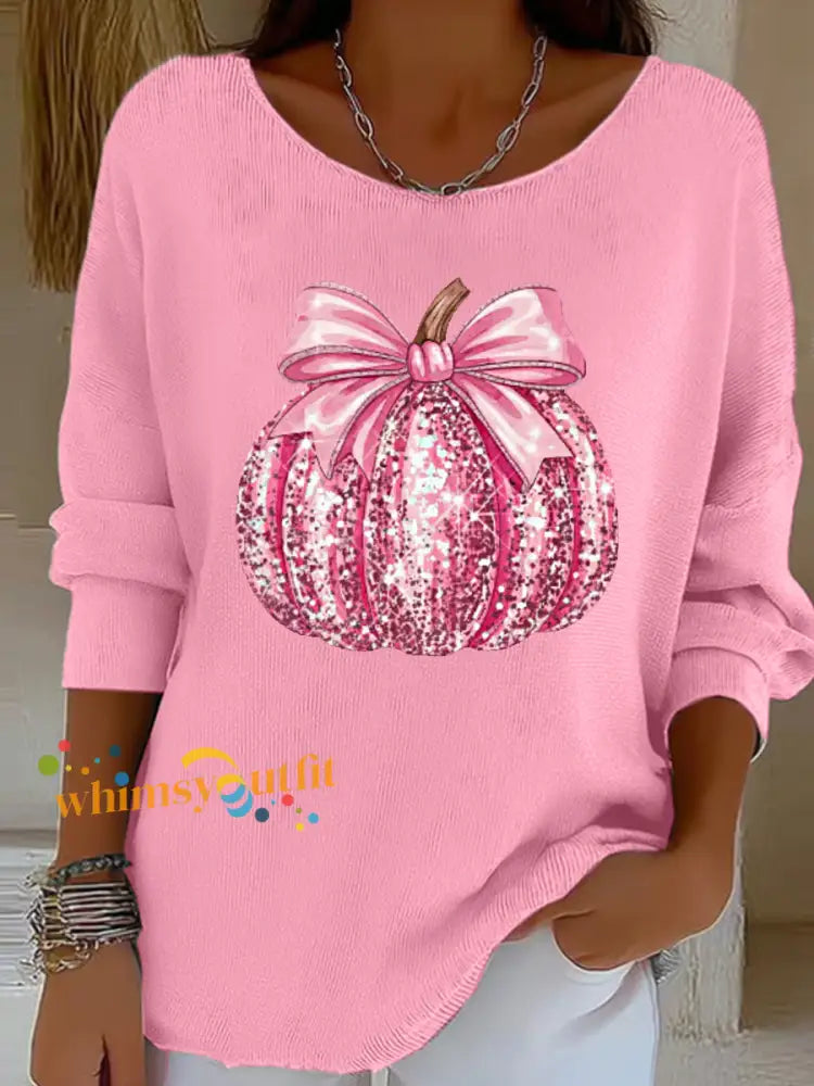 Women’s Pink Pumpkin Print Breast Cancer Awareness Support Long Sleeve Top Pink / S