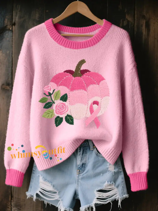 Women’s Pink Pumpkin & Rose Embroidered Cozy Knit Sweater Pink / S