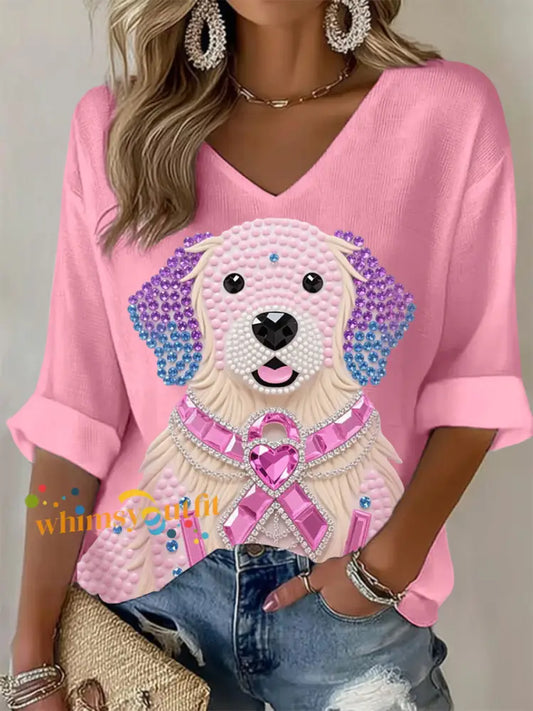 Women’s Pink Rhinestone Dog Pink Ribbon Print Breast Cancer Awareness Support Long Sleeve Top Pink / S