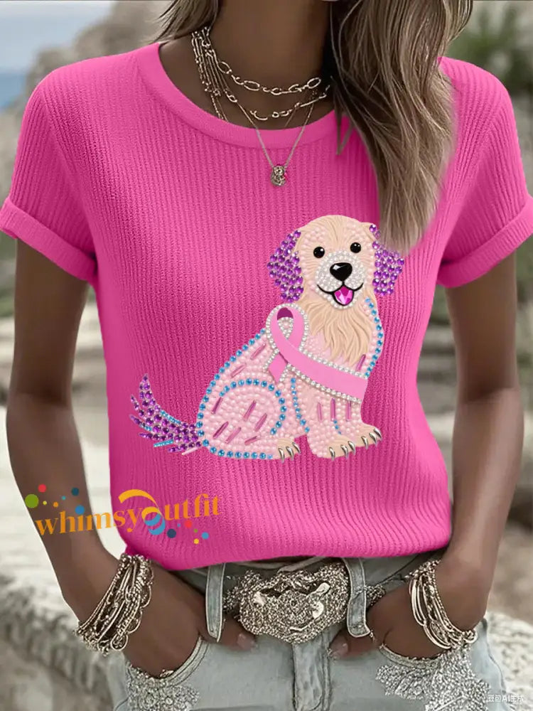 Women’s Pink Rhinestone Dog Pink Ribbon Print Breast Cancer Awareness Support Tee Rose Red / S
