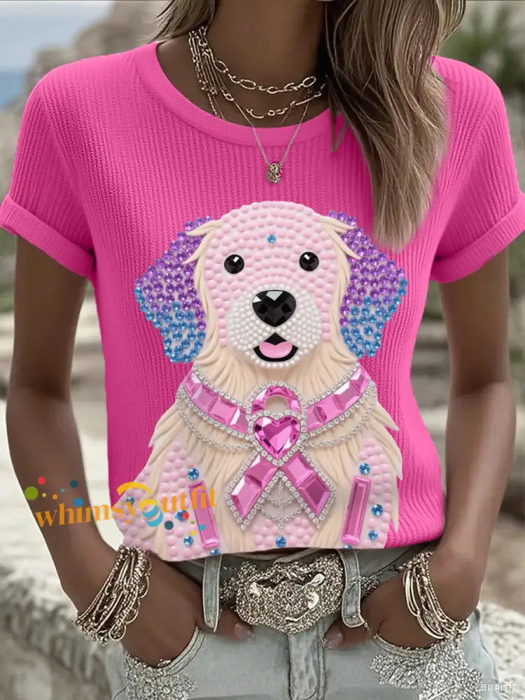 Women’s Pink Rhinestone Dog Pink Ribbon Print Breast Cancer Awareness Support Tee Rose Red / S
