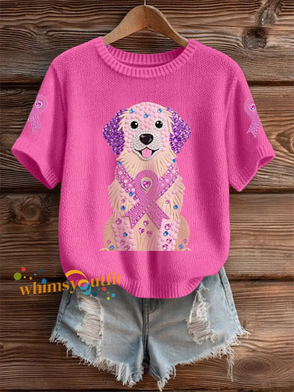 Women’s Pink Rhinestone Dog Pink Ribbon Print Breast Cancer Awareness Support Tee Rose Red / S