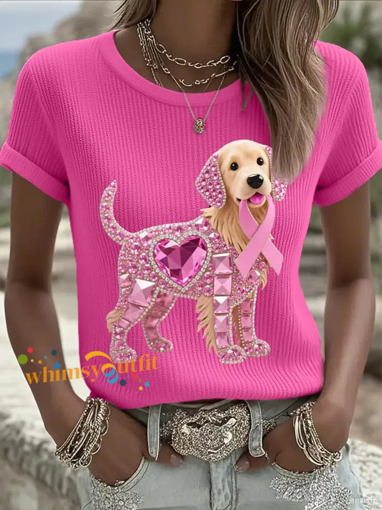 Women’s Pink Rhinestone Dog Pink Ribbon Print Breast Cancer Awareness Support Tee Rose Red / S