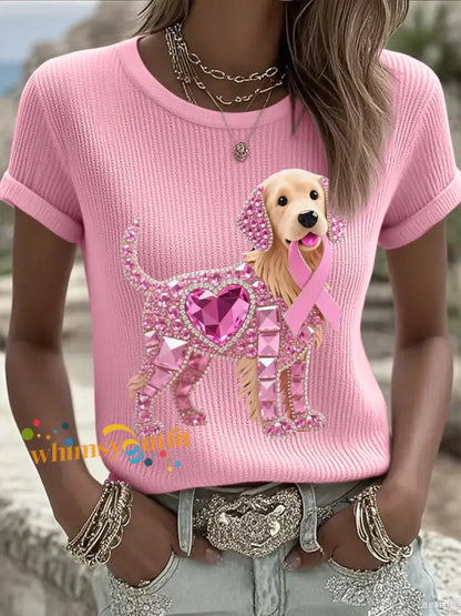 Women’s Pink Rhinestone Dog Pink Ribbon Print Breast Cancer Awareness Support Tee Pink / S