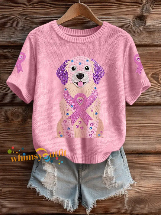Women’s Pink Rhinestone Dog Pink Ribbon Print Breast Cancer Awareness Support Tee Pink / S