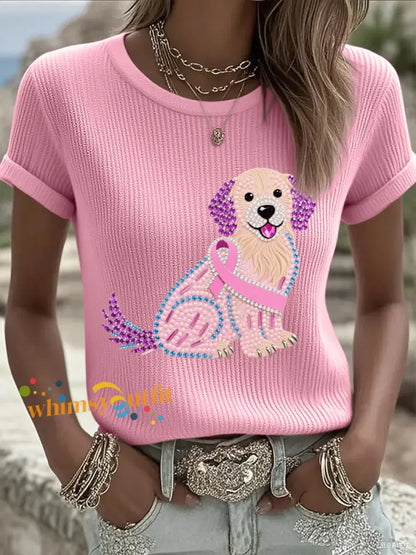 Women’s Pink Rhinestone Dog Pink Ribbon Print Breast Cancer Awareness Support Tee Pink / S