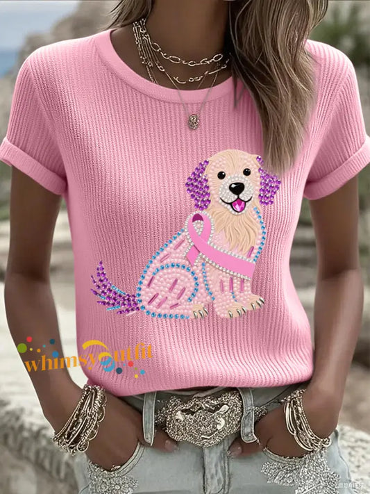 Women’s Pink Rhinestone Dog Pink Ribbon Print Breast Cancer Awareness Support Tee Pink / S