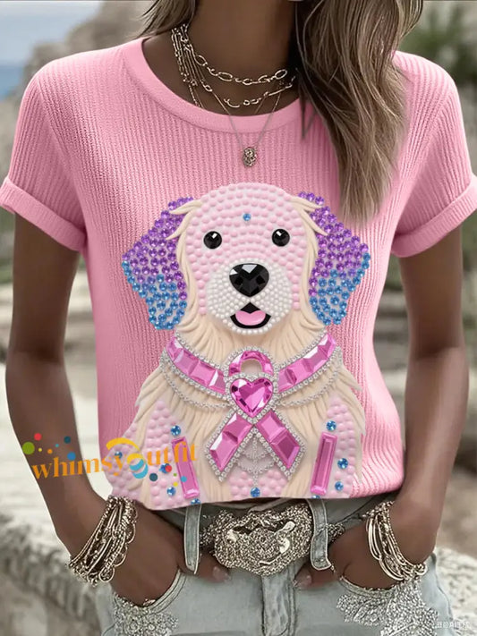 Women’s Pink Rhinestone Dog Pink Ribbon Print Breast Cancer Awareness Support Tee Pink / S