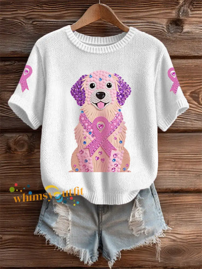 Women’s Pink Rhinestone Dog Pink Ribbon Print Breast Cancer Awareness Support Tee White / S