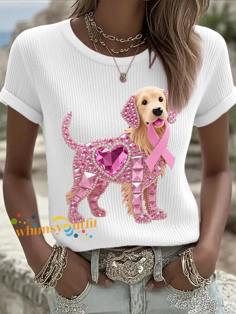 Women’s Pink Rhinestone Dog Pink Ribbon Print Breast Cancer Awareness Support Tee White / S