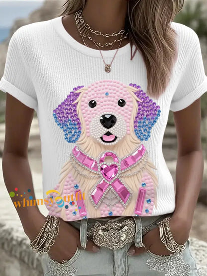 Women’s Pink Rhinestone Dog Pink Ribbon Print Breast Cancer Awareness Support Tee White / S