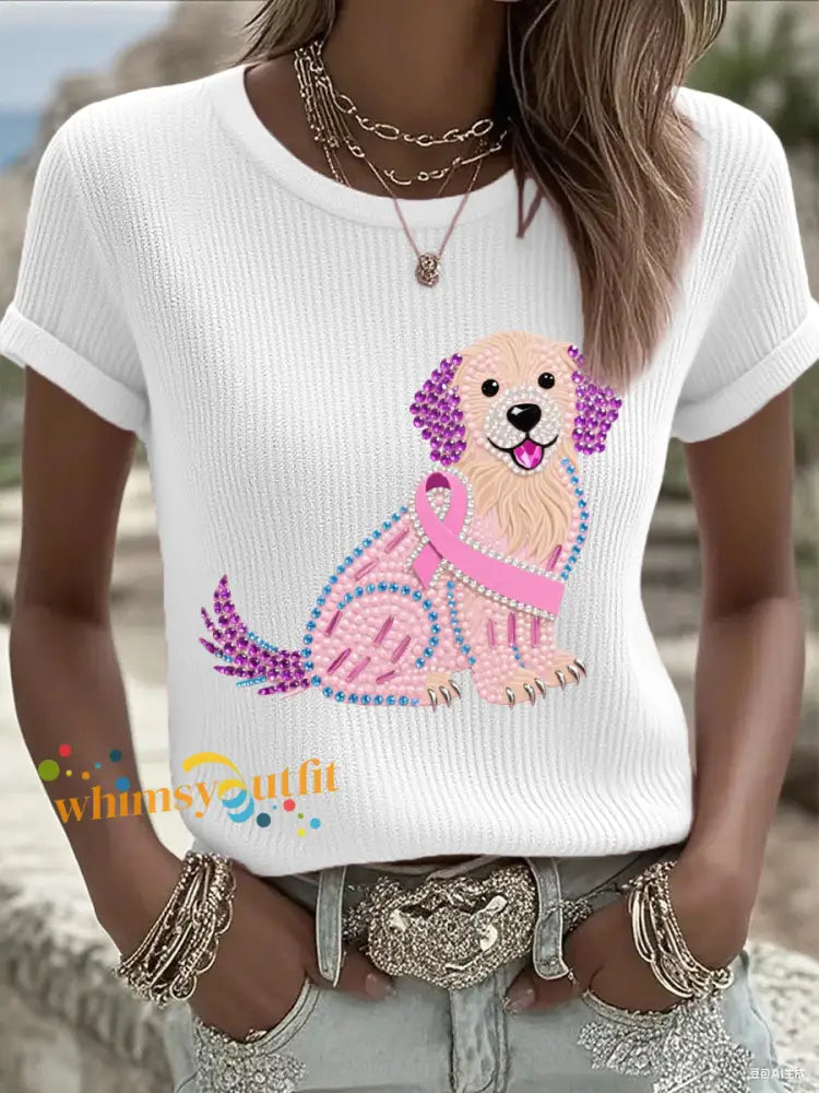 Women’s Pink Rhinestone Dog Pink Ribbon Print Breast Cancer Awareness Support Tee White / S