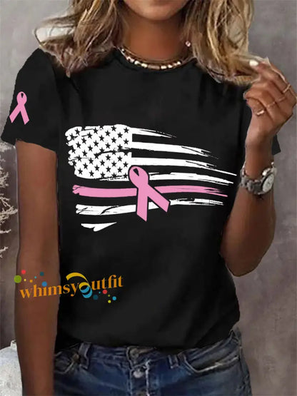 Women’s Pink Ribbon American Flag Breast Cancer Awareness Support Tee Black / S